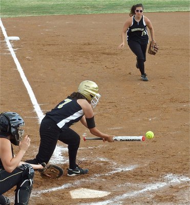 Image: Sac bunt — Alma Suaste(7) lays down a sacrifice bunt moving Meredith Brummett to second base.