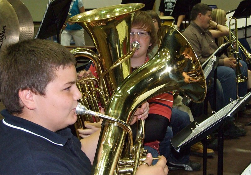 Image: Kelton & Tyler — 7th grade 1st chair baritone player Kelton Bales and 1st chair tuba player Tyler Vencill play it loud and proud.
