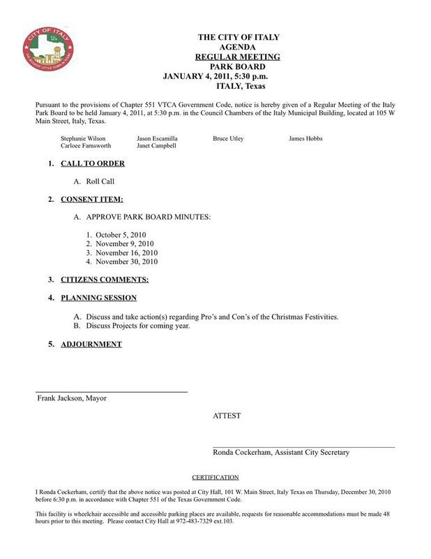 Image: Agenda — Meeting was originally scheduled for Tuesday, January 4.  Due to lack of quorum the meeting has been rescheduled for Tuesday,  January 18.