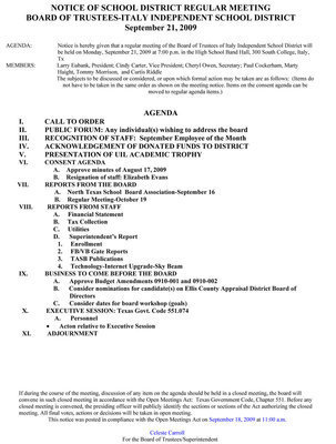 Image: Agenda, Italy ISD School Board — September 21, 2009