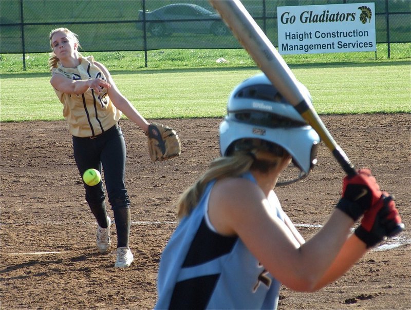 Image: Court’s on target — Pitcher Courtney Westbrook doing what she does, throwing strikes.