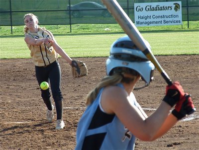 Image: Court’s on target — Pitcher Courtney Westbrook doing what she does, throwing strikes.
