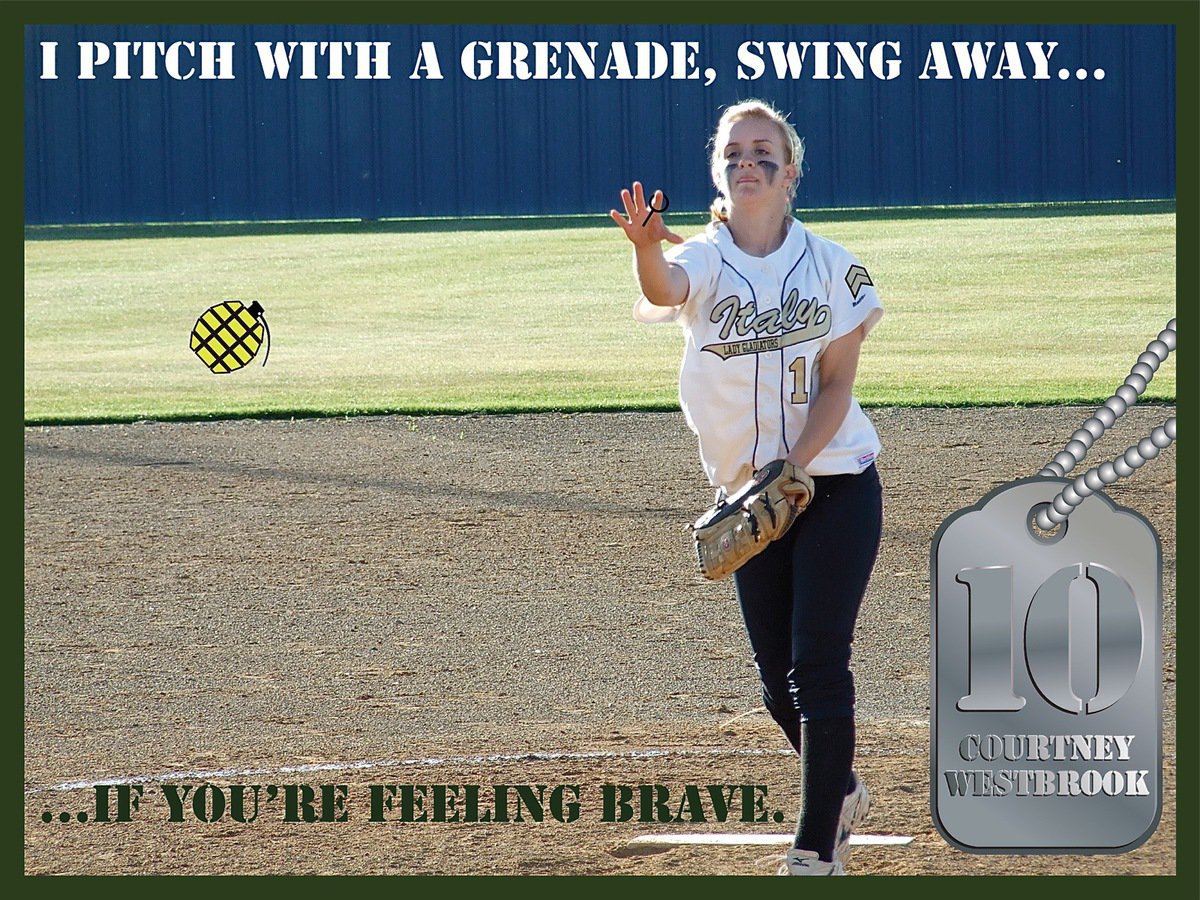Image: Pitching grenades — Senior pitcher Courtney Westbrook(10) was the General on top of the hill helping to lead the Lady Gladiators to 4 straight wins in the playoffs and a bi-district championship over DeLeon and now the area championship over Tolar. Westbrook had 9 strikouts against Tolar in game 1 on Friday.