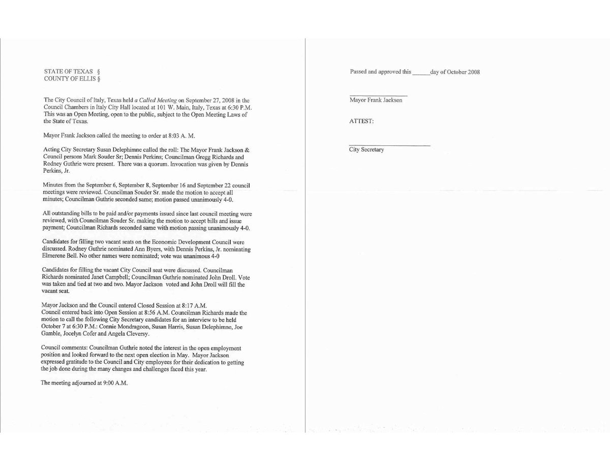 Image: Minutes, council meeting, 9/27/208