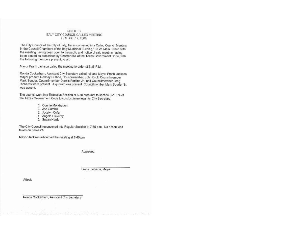 Image: Minutes, council meeting, 10/07/08