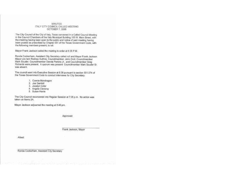 Image: Minutes, council meeting, 10/07/08