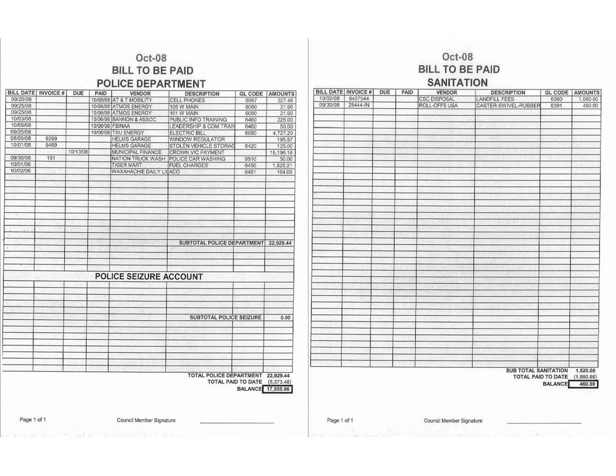 Image: Bills – Police Department, Sanitation