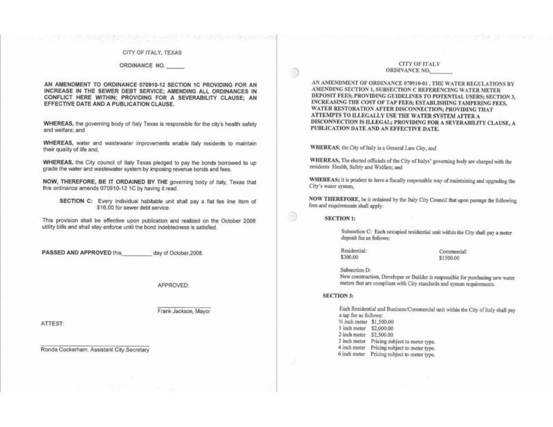 Image: Ordinance – Sewer, Ordinance – Water