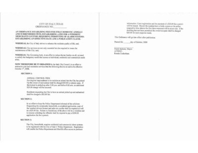 Image: Ordinance – Pets, solicitors, alarms