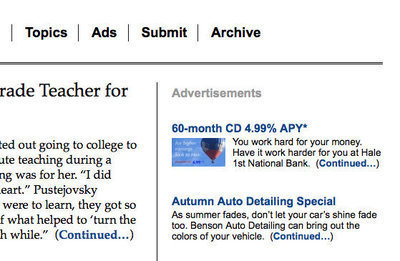 Image: Example display ads — Display ads show on the right hand side of story indexes, stories, and photo indexes. Display ads are the title, a small version of the lead photo, and a special paragraph of text. These are shown randomly (in position and frequency) throughout the Italy Neotribune.