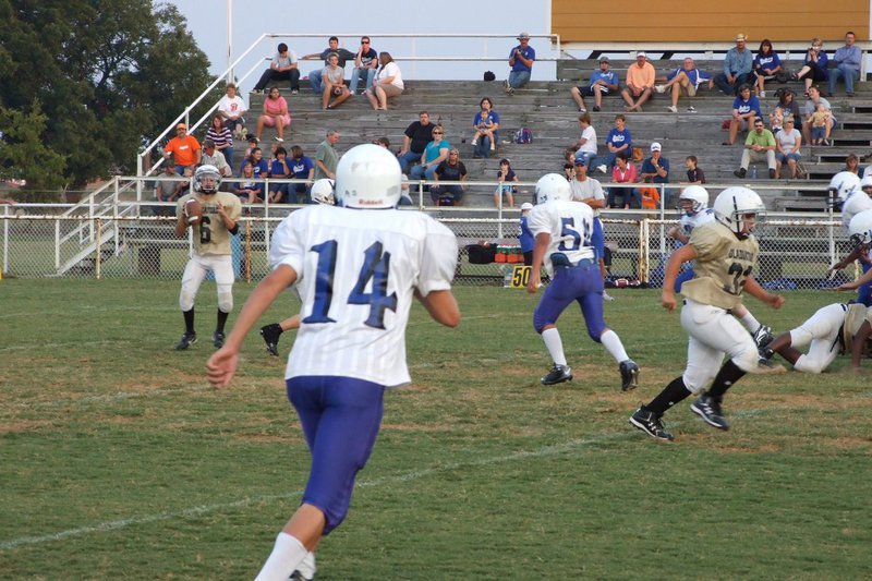 Image: Looking to pass — #6-Tony Wooldridge drops back to pass.