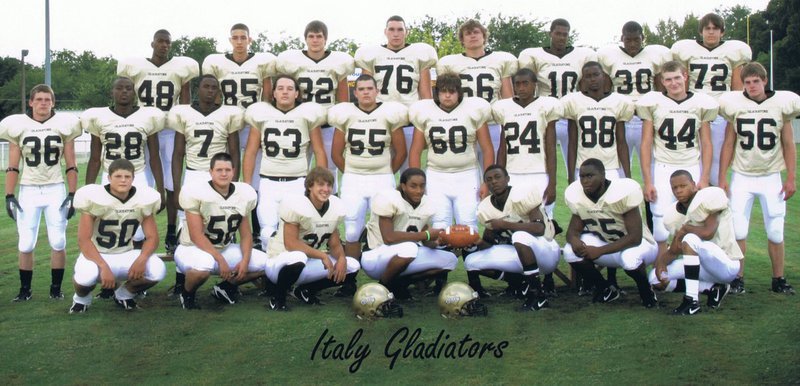 Image: Italy Varsity Football Team — Back Row: 48 Darrin Moore, 85 Oscar Gonzalez, 32 Jonathan Nash, 76 Jeff Claxton, 66 Trent Morgan, 10 John Isaac, 30 Curtis Cole, 72 Tyler Boyd.
Middle Row: 36 Justin Hayes, 28 Desmond Anderson, 7 Jasenio Anderson, 63 Zach Hernandez, 55 Ross Enriquez, 60 Ivan Roldan, 24 Heath Clemons, 88 Aaron Thomas, 44 Kyle Wilkins, 56 Ryan Ashcraft.
Front Row: 50 Ethan Simon, 58 Roy Glaspy, 20 Clay Major, 9 Dontavus Clemons, 25 Diamond Rodgers, 65 Bobby Wilson, 6 Anthony Johnson.