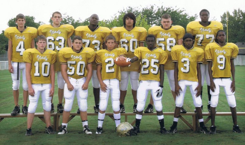 Image: Italy JV Football Team — Back Row: 4 Jace Holden, 63 Brandon Souder, 73 Isaac Medrano, 60 Omar Estrada, 58 Robert Sparks, 77 Larry Mayberry.
    Front Row: 10 Justin Buchanan, 50 Ethan Saxon, 2 Kyle Jackson, 25 Corrin Frazier, 3 Tavarus Griffin, 9 Devonta Simmons.
    Not pictured: 56 Ryan Ashcraft, 76 Jacob Lopez.