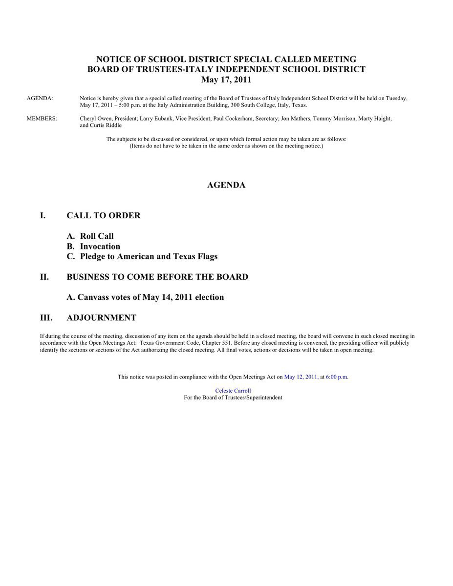 Image: Agenda 5:00pm meeting