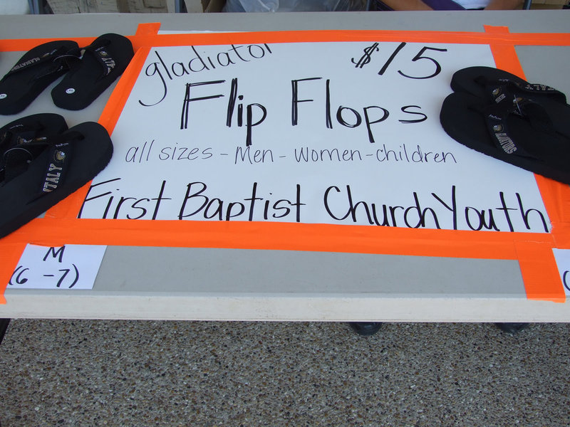 Image: The youth of First Baptist Church are selling Gladiator flip flops. This will help fund a ski trip next winter.