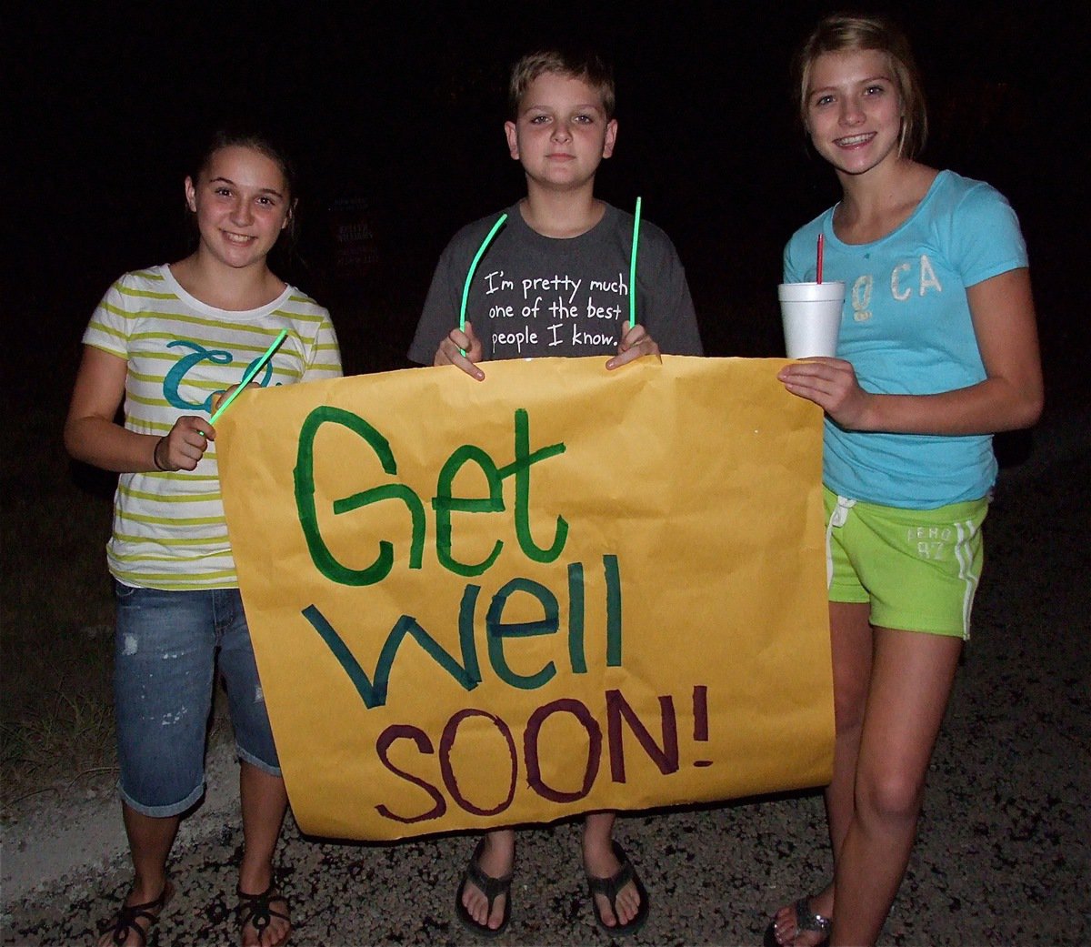 Image: Sarah Coleman, James Walton and Halee Turner wish Brandon a speedy recovery.