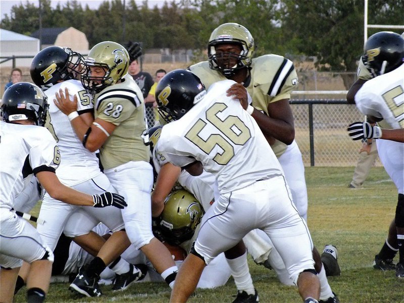 Image: Gladiators Kyle Jackson(28) and Larry Mayberry, Jr.(77) try to get tailback Ryheem Walker(10) an extra yard.