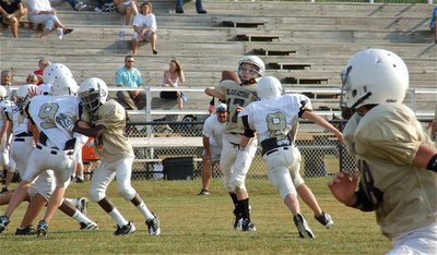 Image: Under pressure, Ryan Connor(17) launches a pass downfield intended for Mason Womack(88).