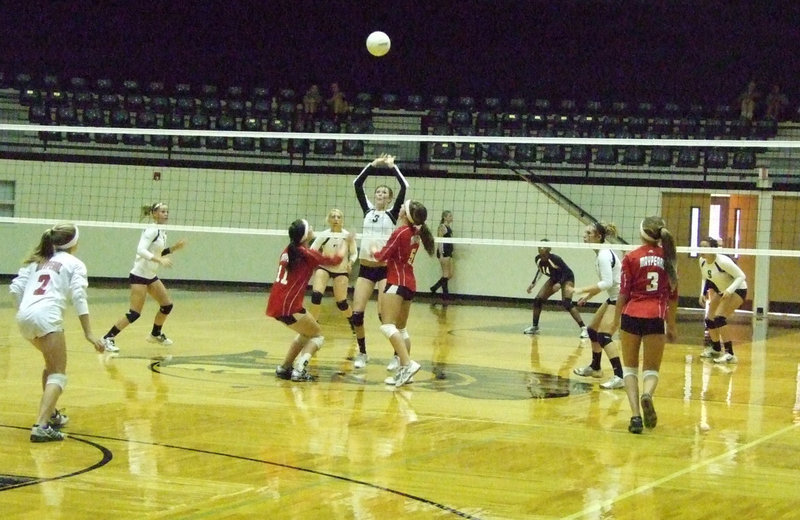 Image: 
    	Kaitlyn Rossa defends the net against the Lady Panthers.
    