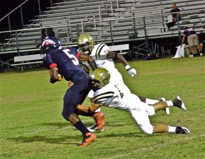 Image: Chase Hamilton(2) and Ryheem Walker(10) catch a Mustang, Shawn Foulks(5), running wild.