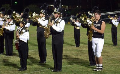 Image: The award-winning Gladiator Regiment Marching Band and Flag Corp perform during the halftime break.