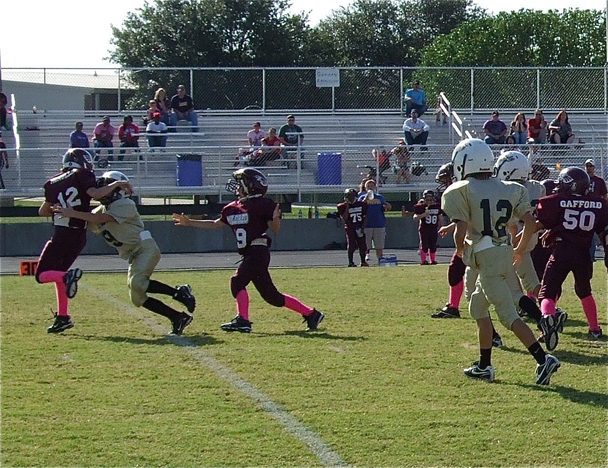 Image: Preston Rasco(9) tackles an Eagle Runner in the backfield for the IYAA B-Team (3rd &amp; 4th grades) Gladiators.