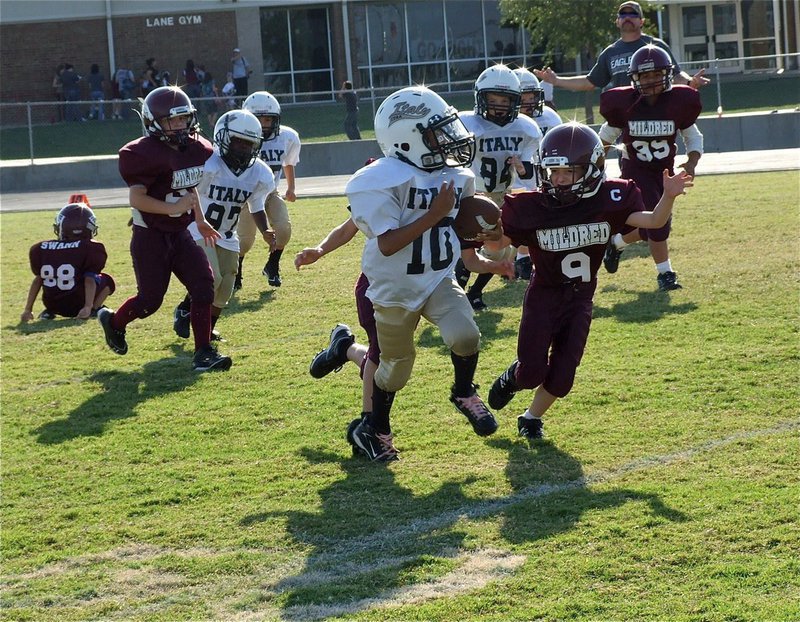 Image: Laveranues Green(10) tries to fly past the Eagle defense.