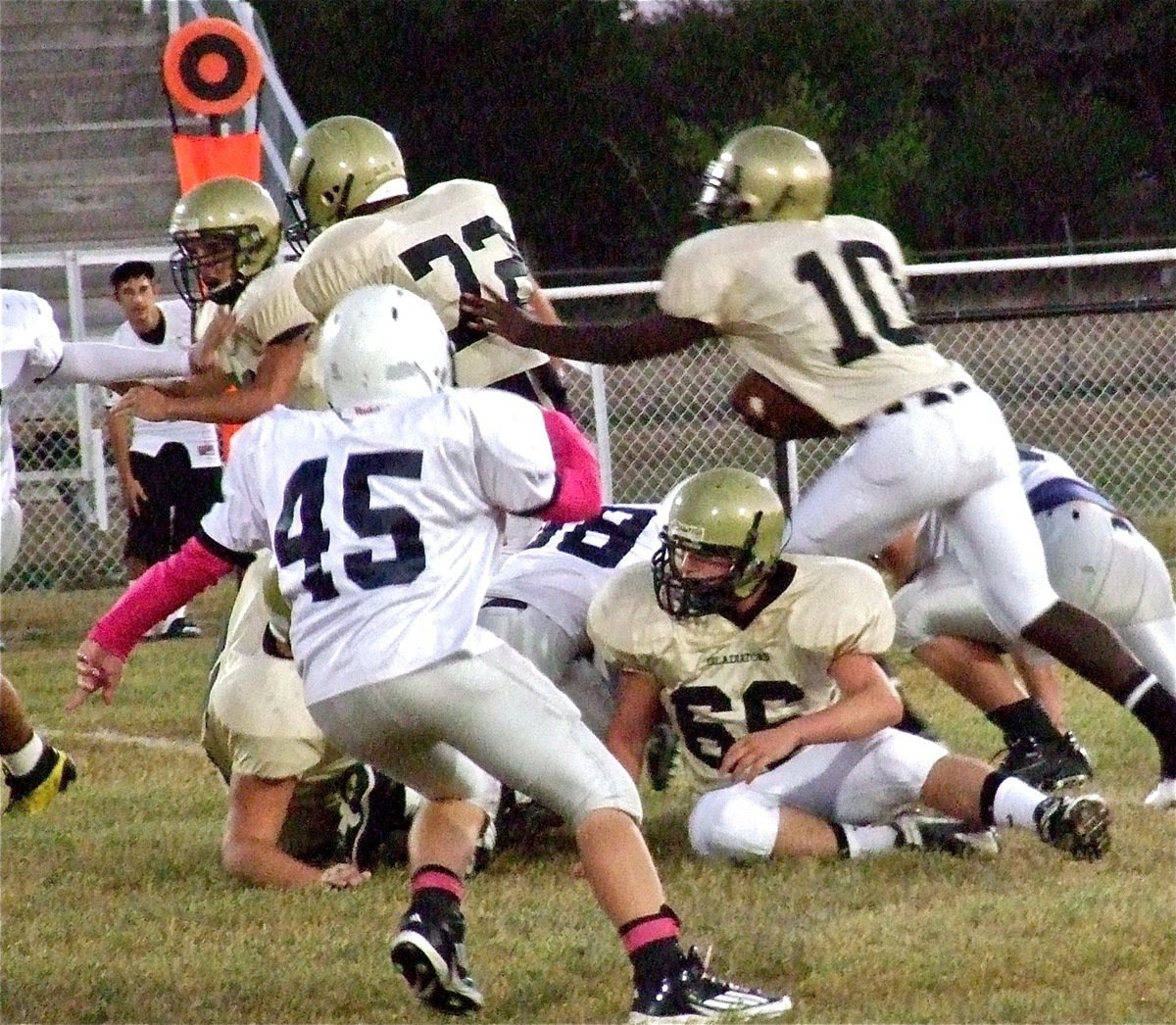 Image: Follow Me! Colin Newman(72) taxis Marvin Cox(10) thru traffic.