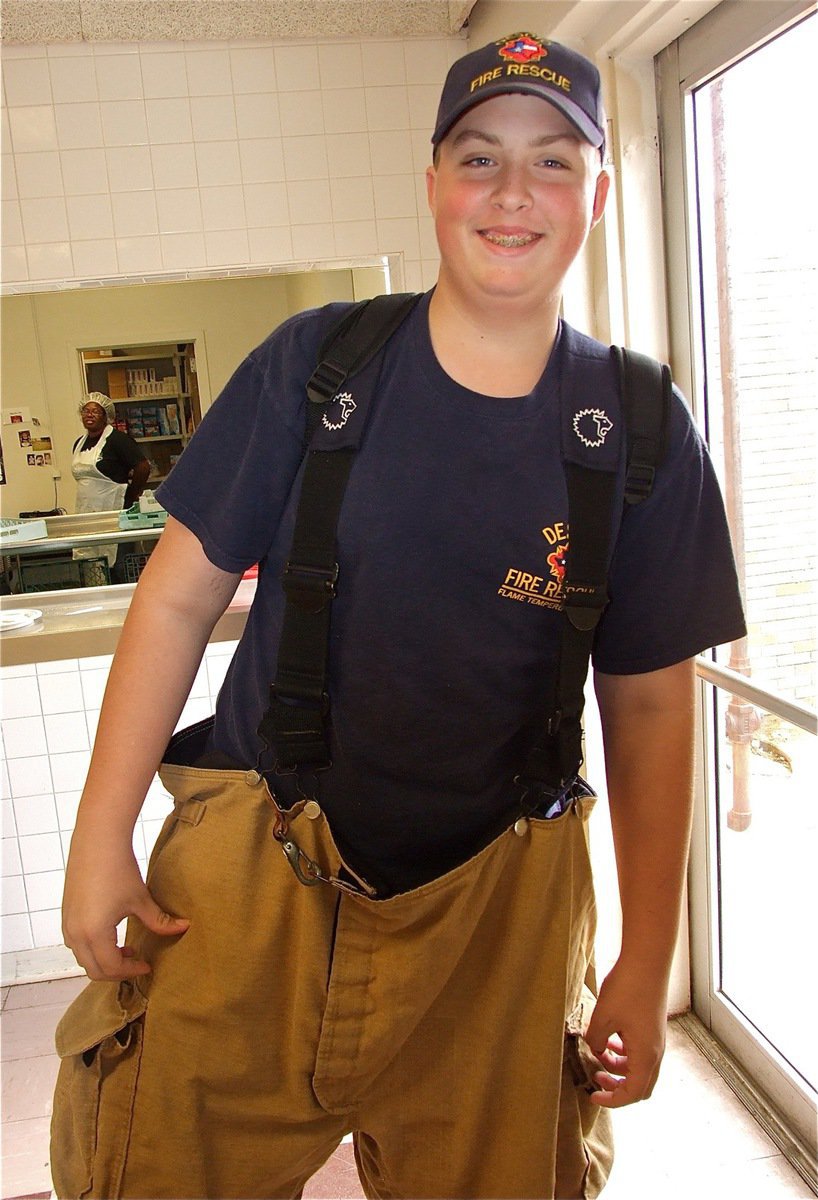 Image: Where’s the fire? Austin Pittmon will wait for lunch to settle before sliding down the fire pole.