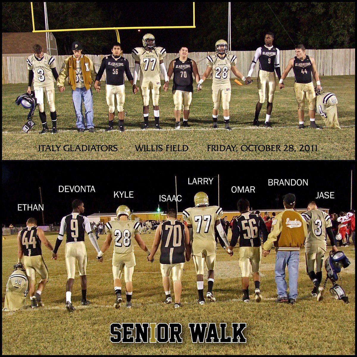 Image: Senior Walk. During what has become a tradition at the conclusion of each home game, senior Gladiators take one last walk across Willis Field and reflect on the battles they fought together and the memories they’ve shared.