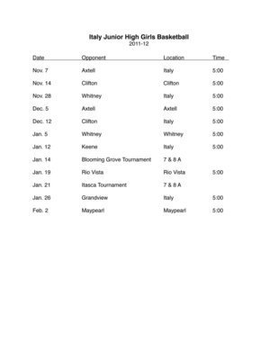 Image: 2011-2012 Lady Gladiator Basketball Junior High Schedule