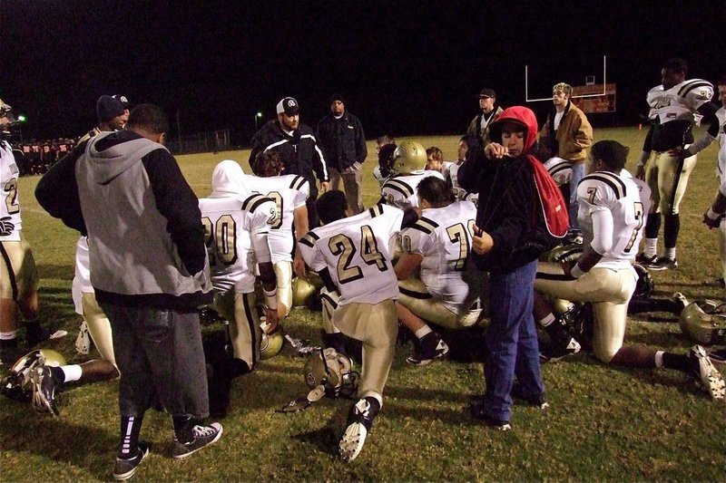 Image: After the 14-12 loss to Centerville, Coach Bales reminds his team that a share of the district championship is still a district championship and that its time to go get a playoff win.