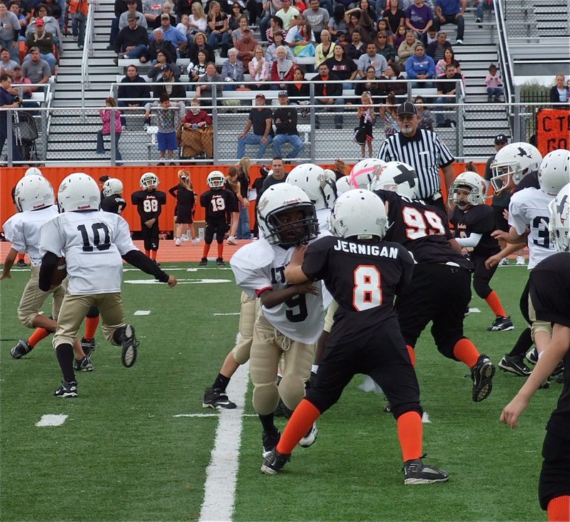 Image: John Hall, Jr.(9) gets a block for Laveranues Green(10) who tries to cut inside a block by Jalyn Wallace(2).
