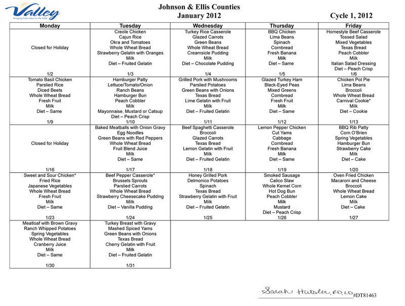 Image: January 2012 Meal Calendar