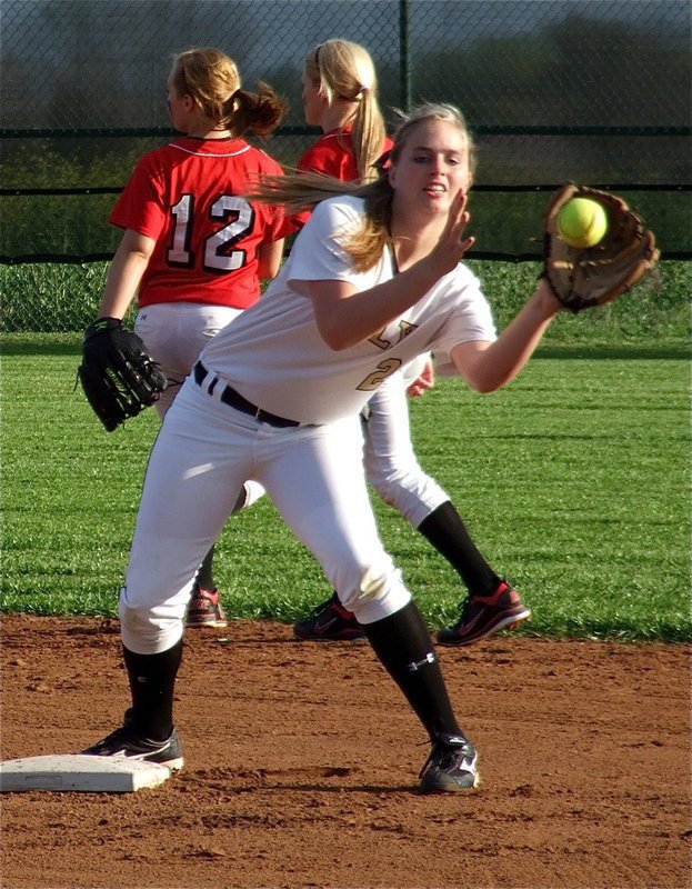 Image: Freshman Madison Washington(2) covers second base during a pre-game practice drill.