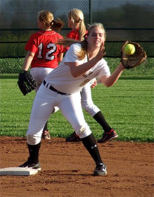 Image: Freshman Madison Washington(2) covers second base during a pre-game practice drill.