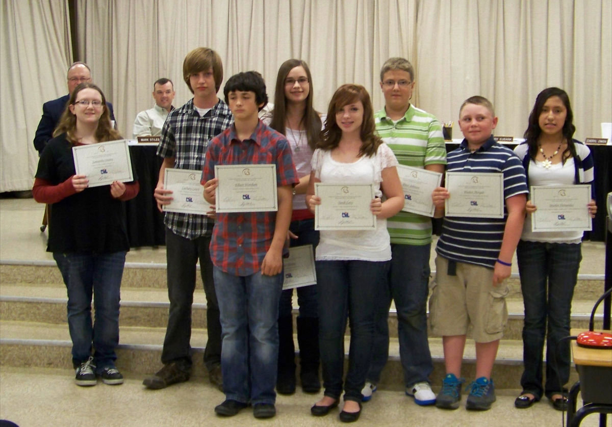 Image: UIL — Samantha Owens, Zachary Lewis, Elliott Worsham, Amber Hooker, Sarah Levy, Hunter Morgan, Peter Johnson and Marlen Hernandez