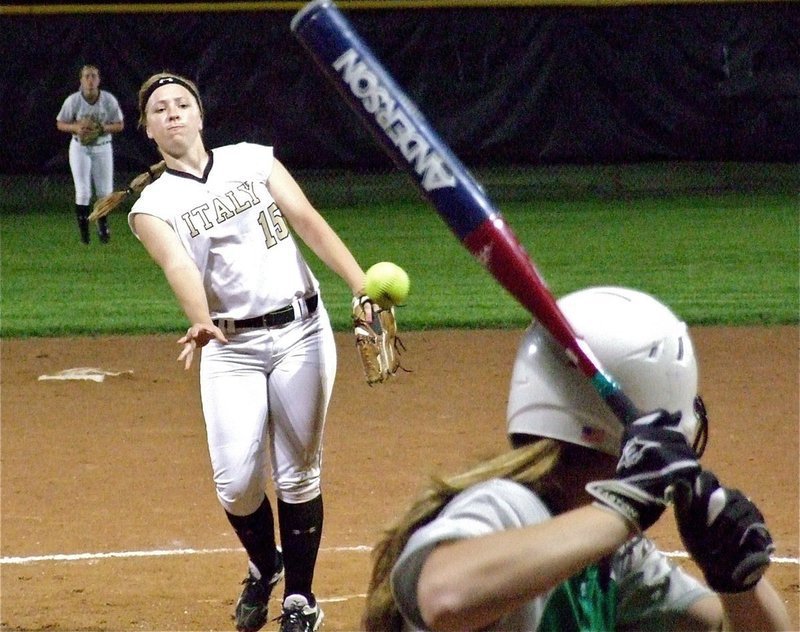 Image: Freshman Lady Gladiator, Jaclynn Lewis(15), goes the final 6 2/3 innings during Italy’s dramatic 7-6, thirteen-inning win, over Clifton.