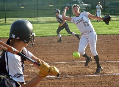 Image: Lady Gladiator senior pitcher, Megan Richards(17) brings the heat against Grandview.