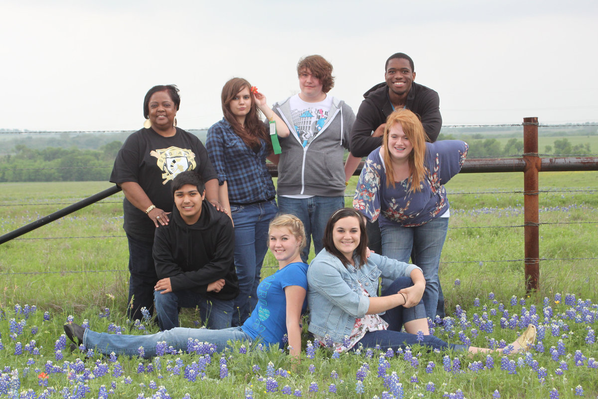 Image: Photo op with the bluebonnets
(L-R) Top Row: Ms. Vivian Moreland, Devan Payne, Trevor Davis, Paul Harris
Middle Row: Cruz Enriquez, Emily Stiles
Bottom Row: Taylor Turner, Kaytlyn Bales
