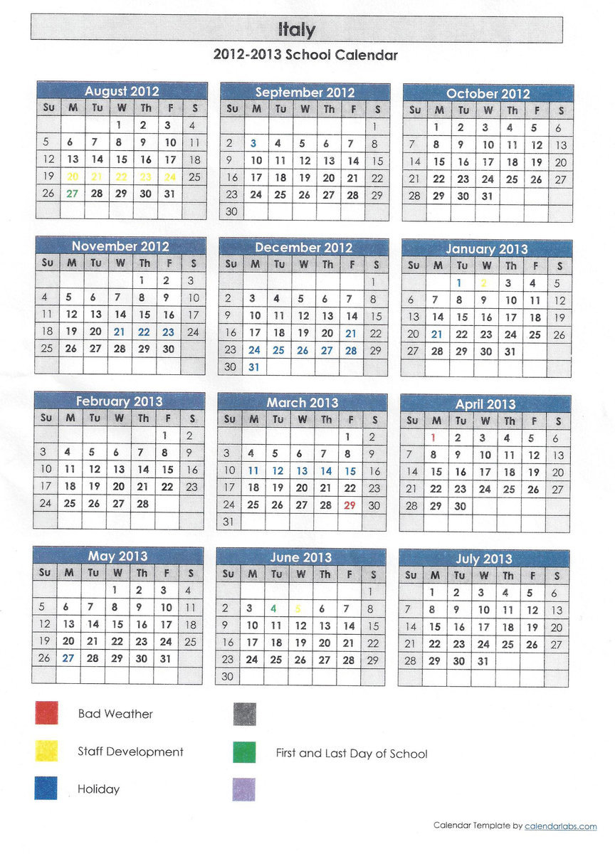 Image: 2012-2013 Italy ISD School Calendar