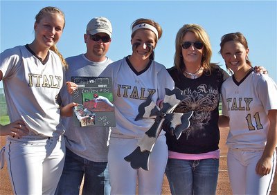 Image: Senior Lady Gladiator, Bailey Bumpus(18) [Center], is honored before her final home game with her parents, Larry Bumpus, and, Deonna Padilla, and teammates, Madison Washington(2), and, Bailey Eubank(11).