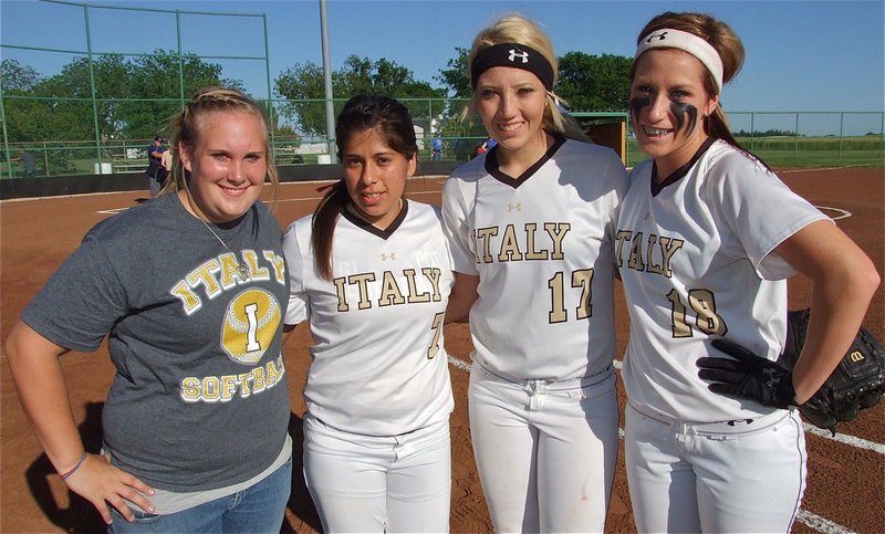 Image: The 2012 Lady Gladiator Seniors are Drenda Burk, Alma Suaste(7), Megan Richards(17) and Bailey Bumpus(18).