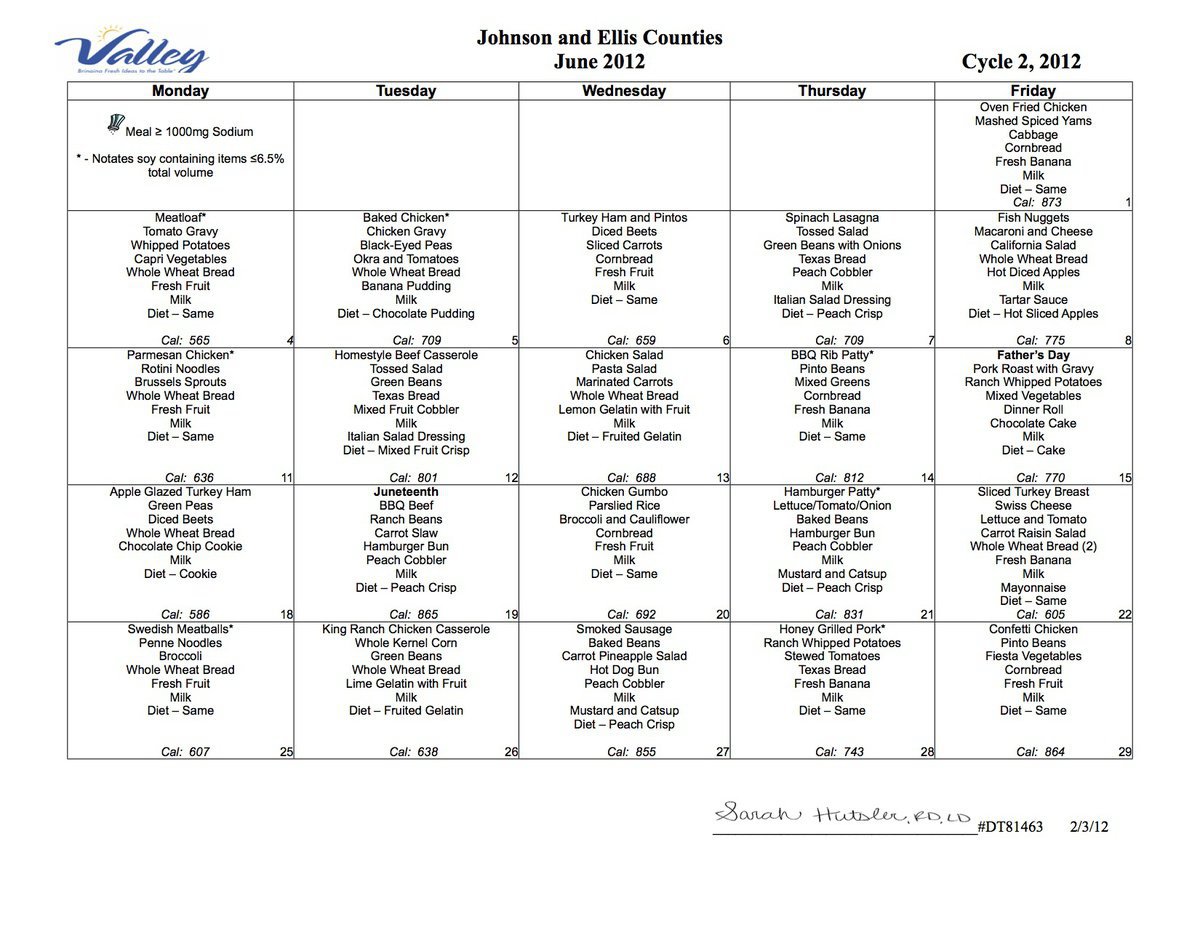Image: June 2012 Meal Calendar