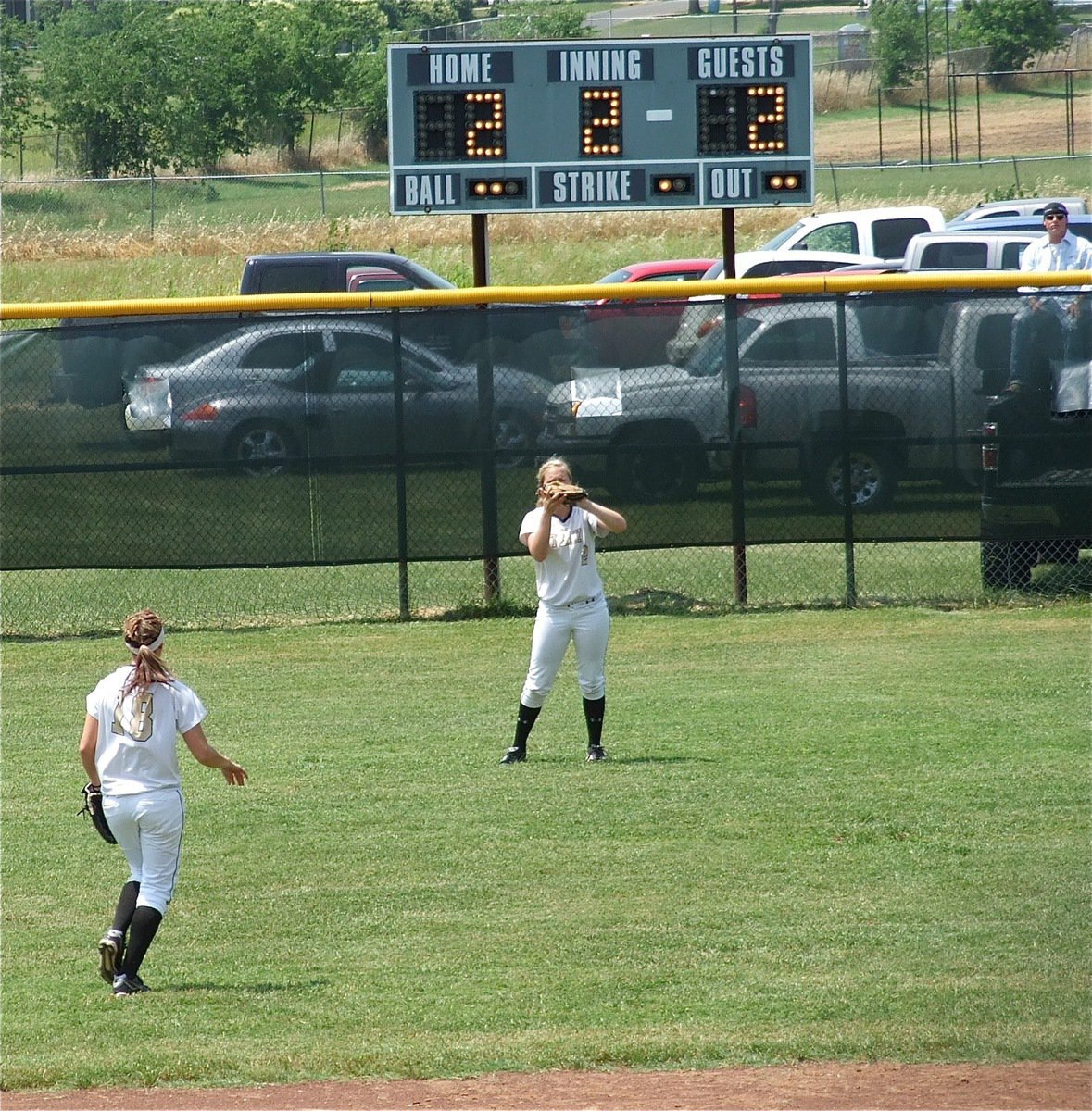 Image: Lady Gladiator center fielder, Madison Washington(2), keeps the game all tied up, 2-2.