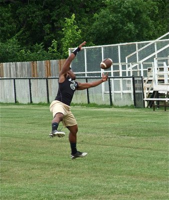 Image: Jalarnace Jamal Lewis makes an acrobatic catch during workouts.