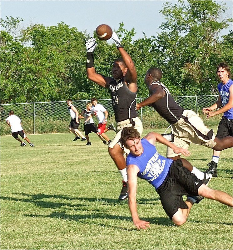 Image: Jalarnce Jamal Lewis(24) and Marvin Cox(3) breakup a Wortham pass.