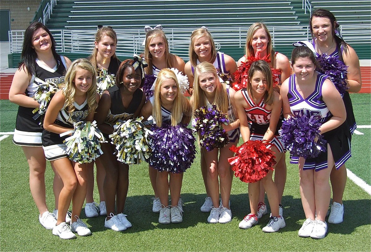 Image: Cheerleading representatives from Italy, Malakoff, Thrall, Alvarado, Mexia and Buffalo pose together during the commercial shoot.