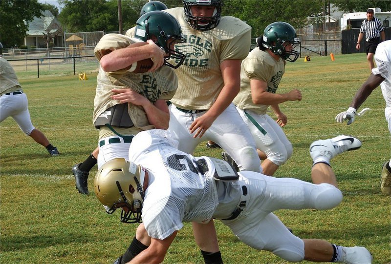 Image: Senior outside linebacker Chase Hamilton(2) tackles an Eagle for a loss.
