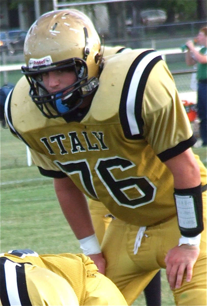 Image: JV linebacker Kyle “Catfish” Fortenberry(76) eyes the Maypearl offense.